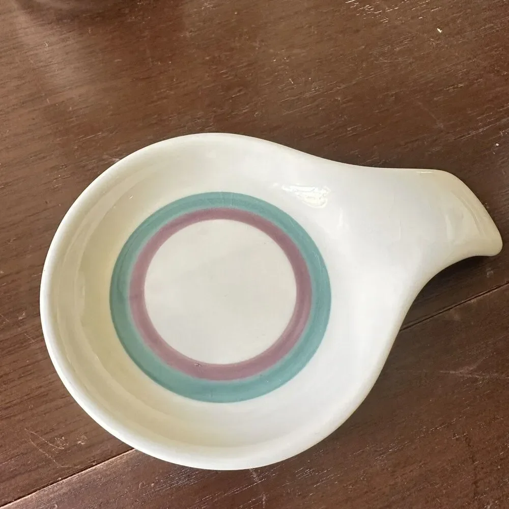 PFALTZGRAFF Juniper Creamer Sugar Bowl Spoon Rest Green Mauve Stripe‎ Vintage